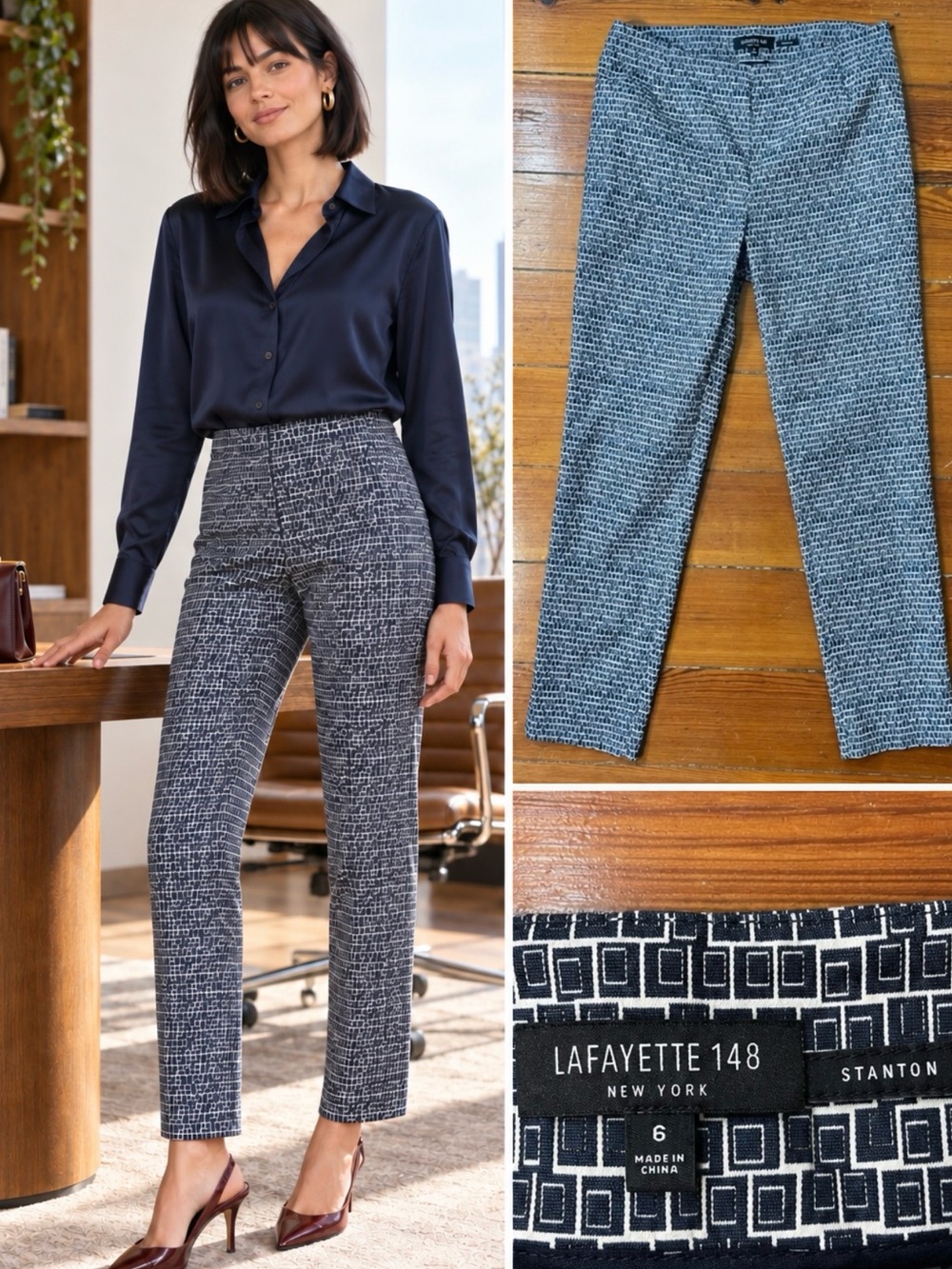 Lafayette 148 Stanton Geometric Stretch Ankle Crop Pants Navy White Sz 6💛🎀